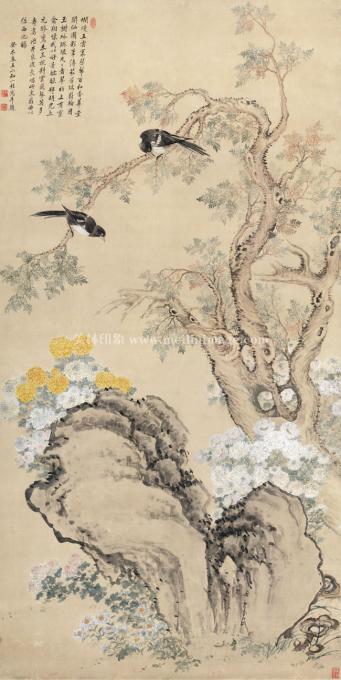 邹一桂-翠柏双喜图-113x226cm