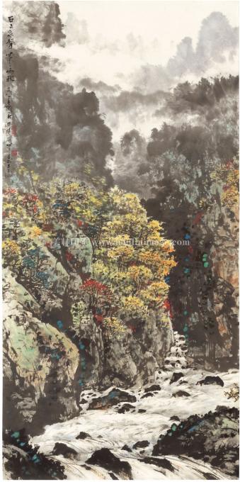 关山月-石上泉声带雨秋-68x137cm